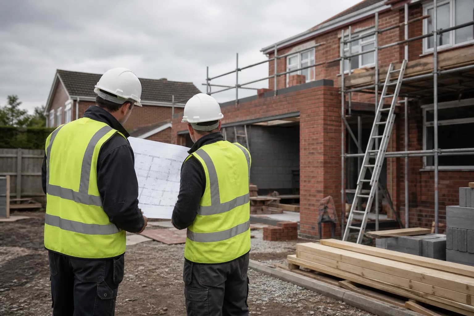 Two builders in hi-vis vests reviewing drawings together on a tidy residential building site