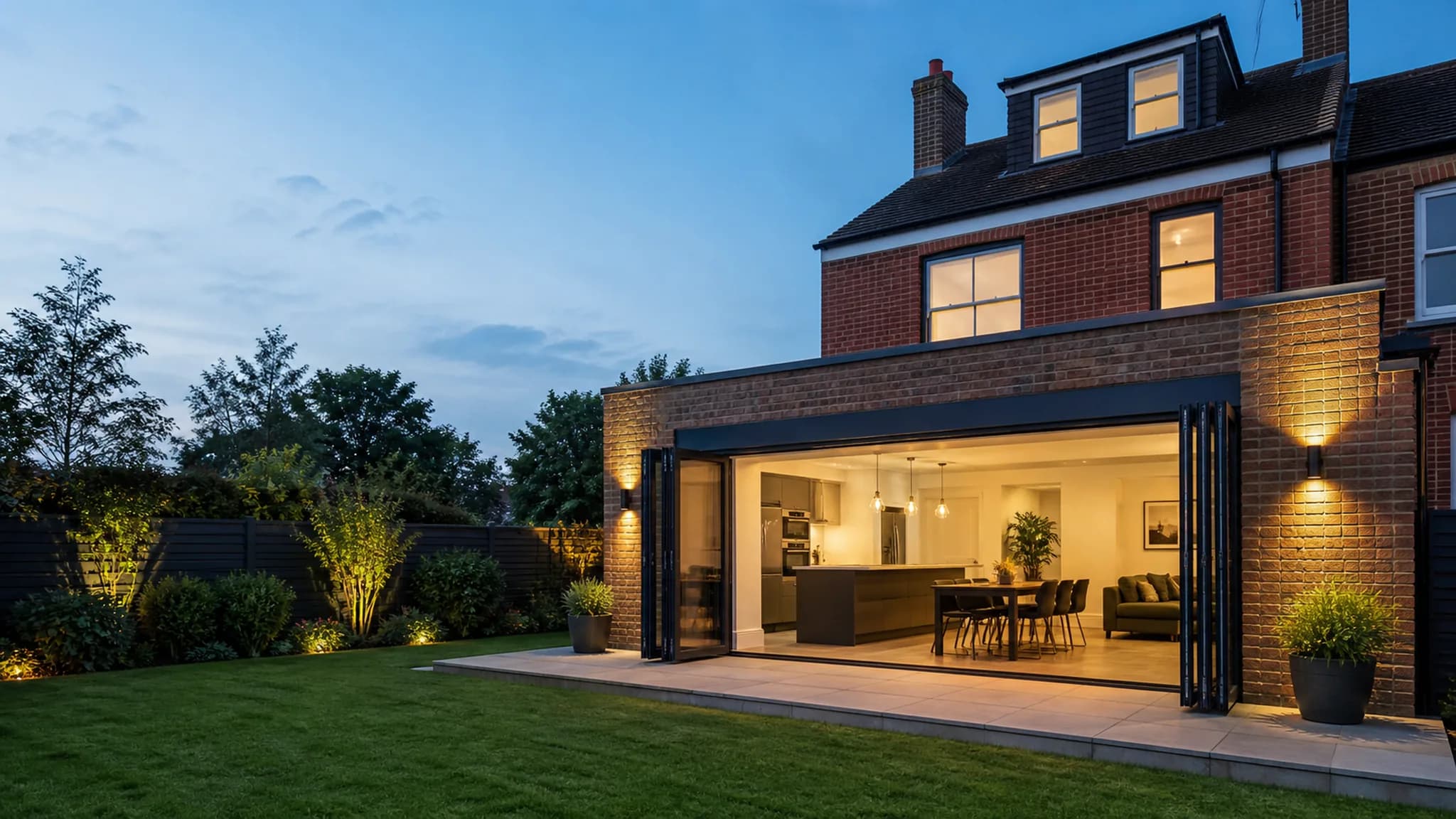 A completed contemporary rear extension on a British brick house at dusk, with bifold doors open onto the garden
