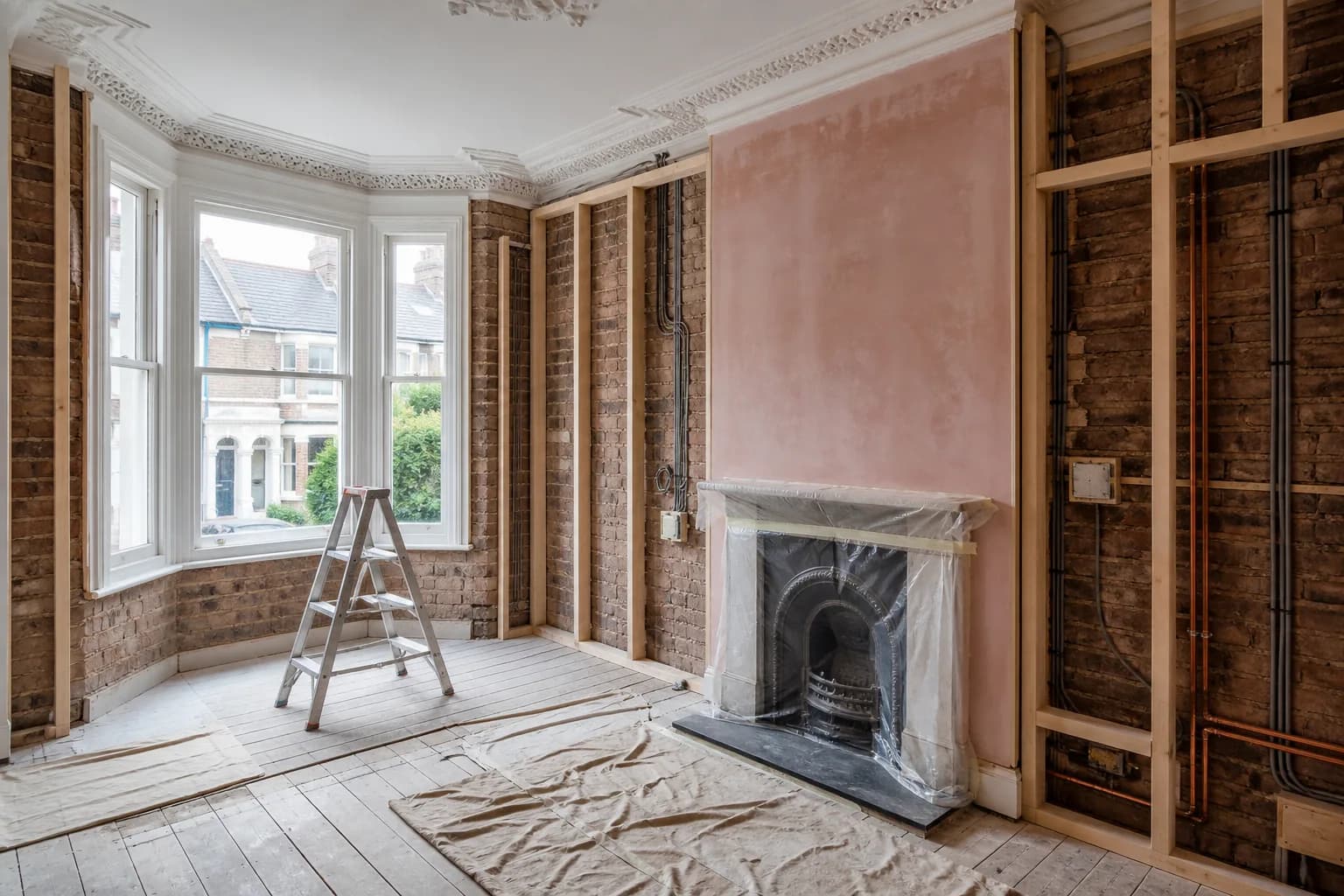 A Victorian terraced house interior mid-renovation, with fresh plaster and new first-fix services